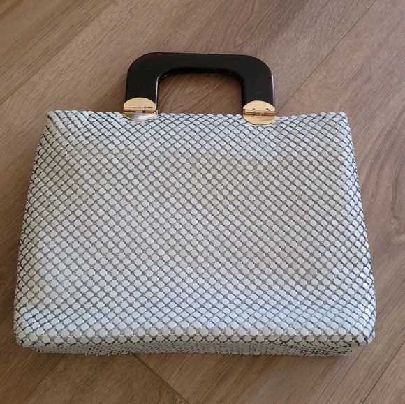 Vintage 1960's Cream Metal Mesh Satchel‎ Shoulder Bag Brown Lucite Handles - Picture 2 of 5